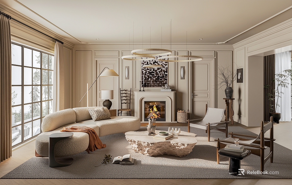 Elegant Modern Living Room Interior With Beige Sofa Fireplace Large Window And Chandelier 3d model 