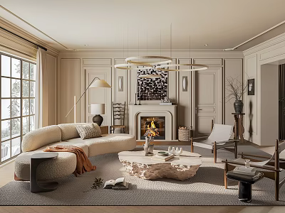 Elegant Modern Living Room Interior With Beige Sofa Fireplace Large Window And Chandelier 3d model