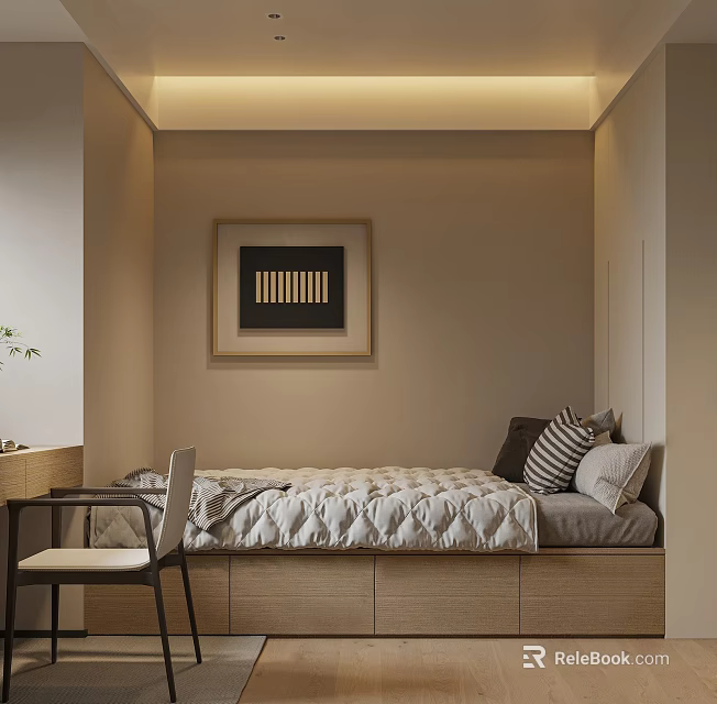 Minimalist Tatami Bedroom With Bed Quilt Pillows Table Chair And Decorative Painting 3d model 