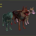Three Dogs of Various Breeds With One Wearing Green Vest in 3D Render
