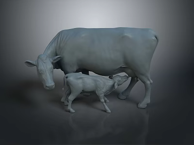3D Model of Adult Cow With Nursing Calf in Gray Sculptural Design 3d model