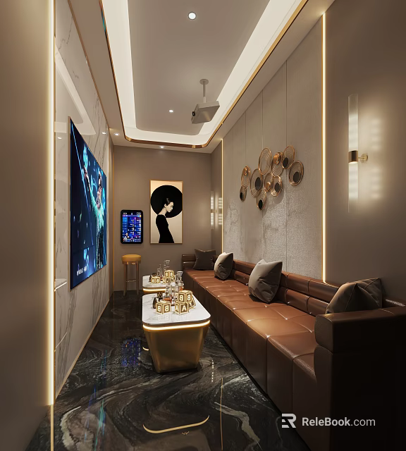 Elegant Modern KTV Room Interior With Leather Sofa And Large TV Screen 3d model 