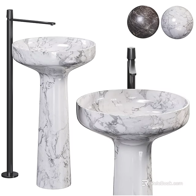Modern Marble Pedestal Washbasins with Sleek Design and Chrome Faucet for Contemporary Bathroom 3d model 