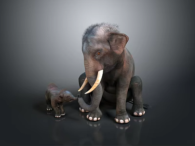 Adult Elephant And Baby Elephant Standing Together On Dark Background 3d model