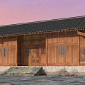 Traditional Wooden House Exterior With Black Roof Stone Base And Sunset Sky