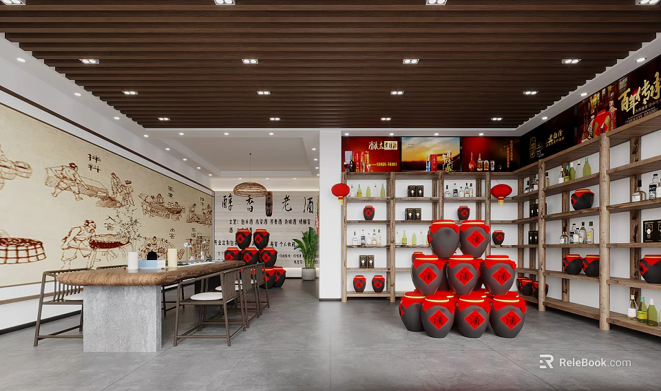 Tobacco and Liquor Store with Red Lanterns Wine Jars Tea Shelves and Mural Interior Design 3d model 