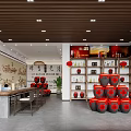 Tobacco and Liquor Store with Red Lanterns Wine Jars Tea Shelves and Mural Interior Design