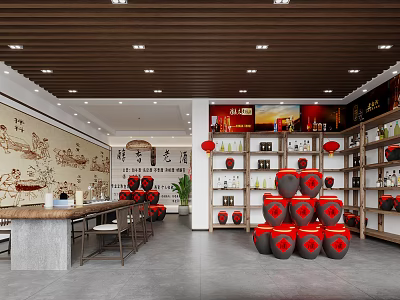 Tobacco and Liquor Store with Red Lanterns Wine Jars Tea Shelves and Mural Interior Design 3d model