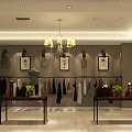 Elegant Clothing Store Interior With Hanging Clothes Chandeliers And Decorative Paintings