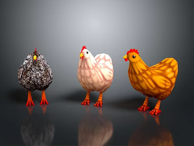 Three Colorful Chicks Standing On Dark Surface With Reflections And Gray Background 3d model