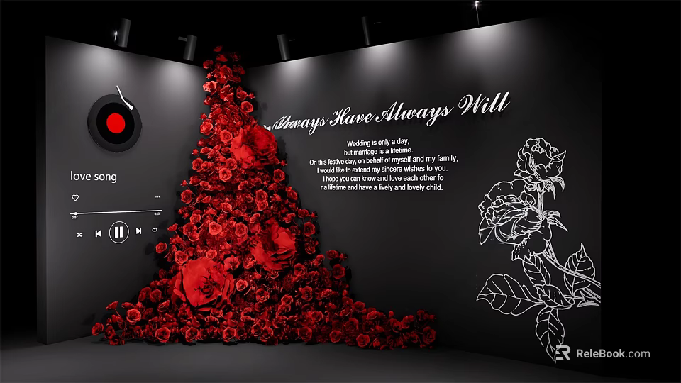 Elegant Tree Shaped Floral Installation With Red Roses On Black Background 3d model 