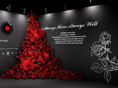 Elegant Tree Shaped Floral Installation With Red Roses On Black Background 3d model