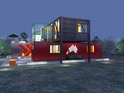Illuminated Red and Black Container Building with Glass Windows Open Design Green Trees and Grassland 3d model