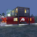 Illuminated Red and Black Container Building with Glass Windows Open Design Green Trees and Grassland