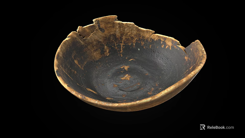 Ancient Pottery Bowl With Chipped Edges And Black Brown Textured Surface 3d model 