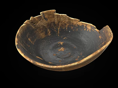 Ancient Pottery Bowl With Chipped Edges And Black Brown Textured Surface 3d model