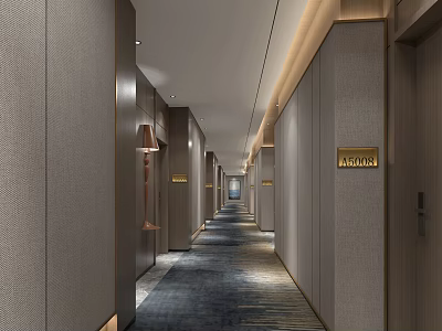 Elegant Modern Hotel Corridor Interior With Light Gray Walls Wall Sconces And Blue Gray Carpet 3d model