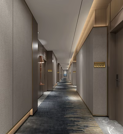Elegant Modern Hotel Corridor Interior With Light Gray Walls Wall Sconces And Blue Gray Carpet 3d model