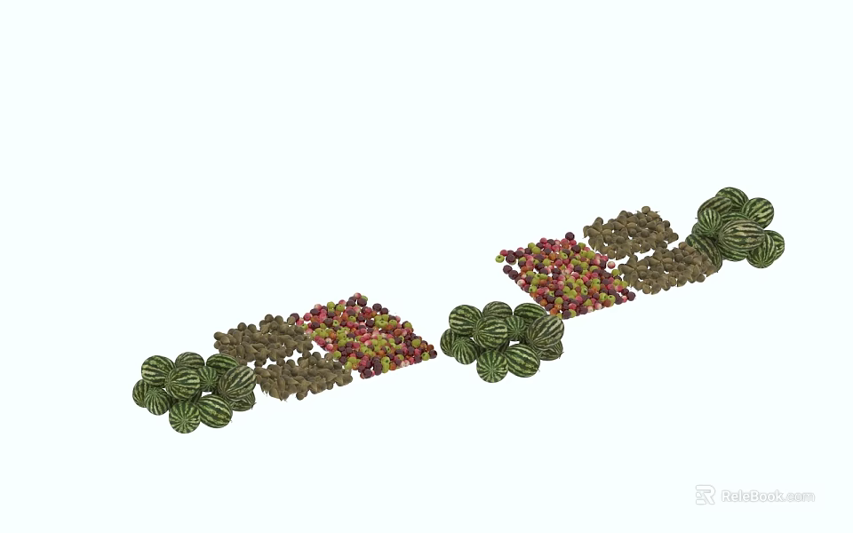 Colorful Fresh Fruits Display With Green Watermelon Slices Red Berries And Brown Nut Like Fruits 3d model 