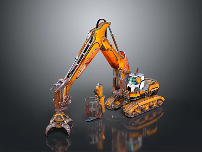 Orange Crawler Excavator Game Movie Character With Mechanical Arm And Cab 3d model