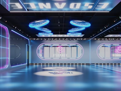 Modern Dance Fitness Studio With Neon Lights Mirror Walls And Shiny Floor Design 3d model