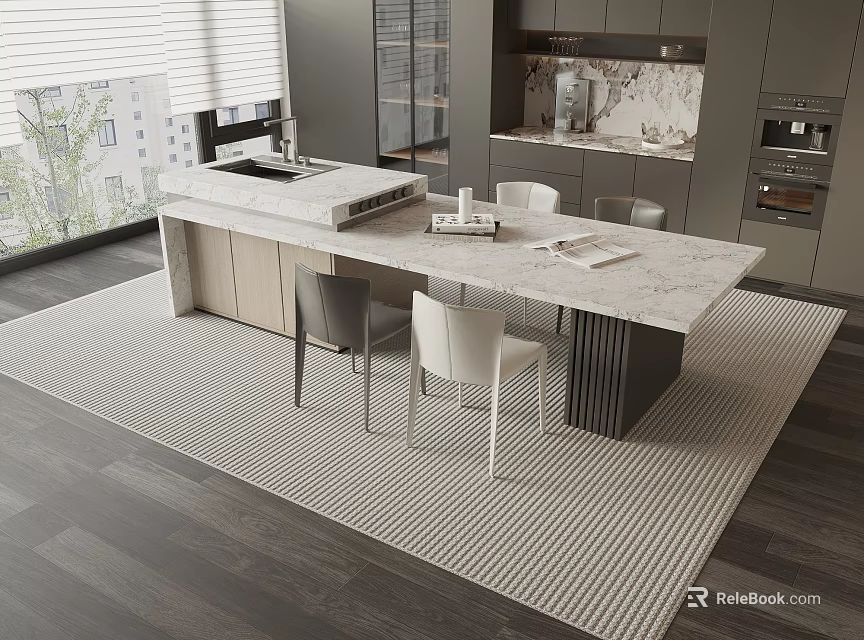 Modern Dining Table Set In Kitchen With Marble Top Gray White Chairs And Area Rug 3d model 