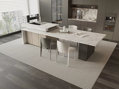 Modern Dining Table Set In Kitchen With Marble Top Gray White Chairs And Area Rug 3d model