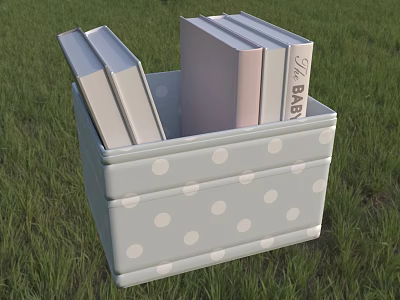 Light Gray Polka Dot Storage Bin With Books On Green Grass Background 3d model