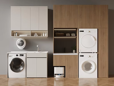 Modern Laundry Room Design With Washer Dryer Storage Cabinets And Sink Area 3d model