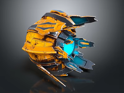 Yellow And Black Weathered Aircraft With Blue Glowing Core And Futuristic Design 3d model