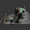 Vintage Industrial Scene With Rusted Green Machinery Rocky Mountain Wooden Stairs Platforms And Signpost