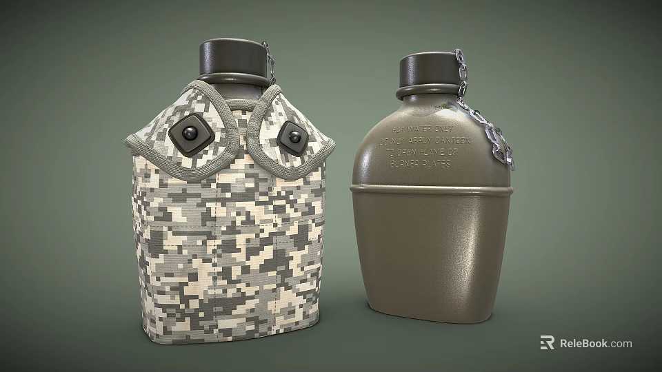 Camouflage Pattern Cover Canteen with Buttons and Green Metal Canteen with Chain 3d model 
