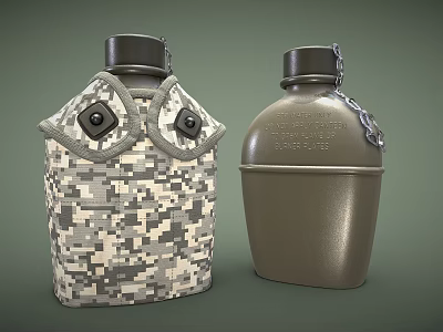 Camouflage Pattern Cover Canteen with Buttons and Green Metal Canteen with Chain 3d model