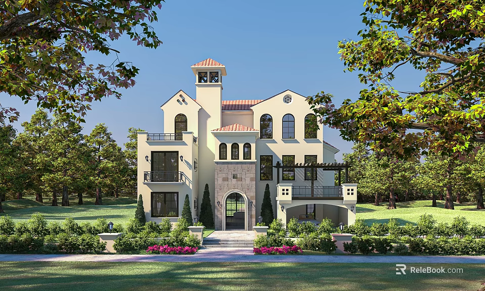 Luxury Detached Villa With Red Roof Beige Exterior Pink Flowers And Lush Garden 3d model 