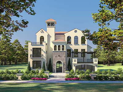 Luxury Detached Villa With Red Roof Beige Exterior Pink Flowers And Lush Garden 3d model