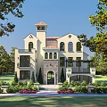 Luxury Detached Villa With Red Roof Beige Exterior Pink Flowers And Lush Garden