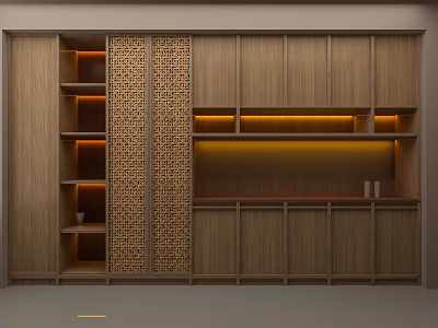 Modern Wooden Decorative Cabinet With Lattice Design And Built In Lighting 3d model