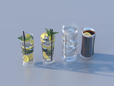 Refreshing Assorted Drinks in Glasses with Ice Lemon Slices and Mint Leaves 3d model