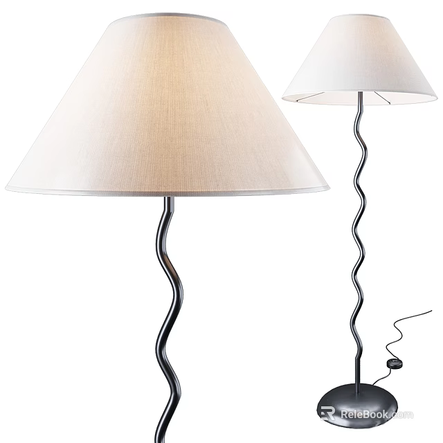 Modern Floor Lamp With Swirl Black Metal Stand And White Fabric Shade 3d model 