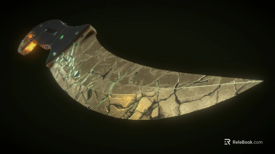 Curved Knife With Cracked Metallic Blade And Detailed Wooden Handle Design 3d model 