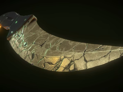 Curved Knife With Cracked Metallic Blade And Detailed Wooden Handle Design 3d model