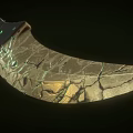 Curved Knife With Cracked Metallic Blade And Detailed Wooden Handle Design