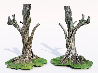 Two Leafless Arbor Trunks With Textured Bark And Green Grass Base Decorative Model 3d model