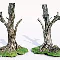 Two Leafless Arbor Trunks With Textured Bark And Green Grass Base Decorative Model
