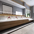Public Restroom Interior With Gray Walls Baby Changing Station Sinks Mirrors And Sofa Chair