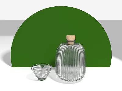 Small Glass Cup With Ribbed Transparent Bottle And Wooden Stopper On Green Semicircle Background 3d model