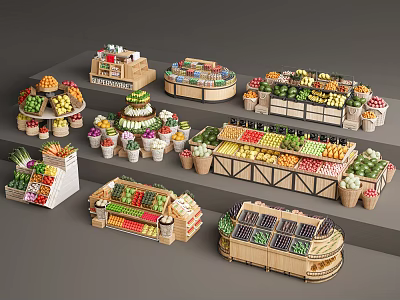 Wooden Display Shelves With Fresh Fruit Vegetable And Round Multilayer Design For Market 3d model