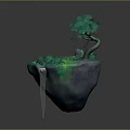 Lush Green Floating Rock Island With Curved Tree Grass And Waterfall Reflection