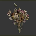 Dried Flowers Bouquet With Various Pink Orange Purple Withered Petals On Dark Background