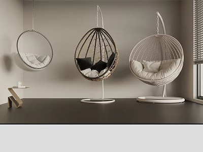 Three Stylish Hanging Chairs With Beige Black Cushions Woven Metal Frames In Modern Interior 3d model